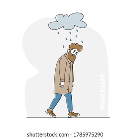 Depressed and Anxious Man with Alcohol Bottle Suffer of Depression and Anxiety Problem Feel Frustrated Walking under Rainy Cloud above Head. Sad or Desperate Male Character. Linear Vector Illustration