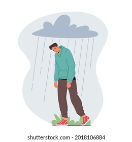 Depressed Anxious Man Suffer of Depression or Anxiety Problem Feel Frustrated Walking under Rainy Cloud above Head. Sad or Desperate Male Character Sorrow, Mental Disorder. Cartoon Vector Illustration