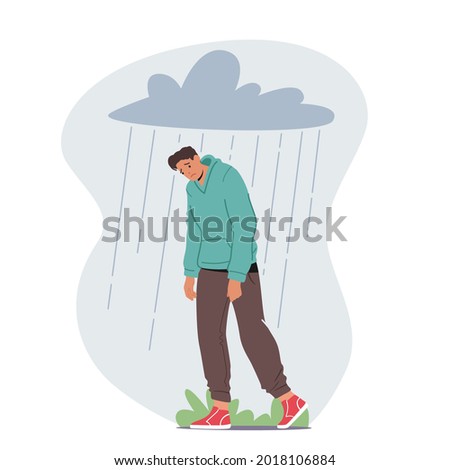 Depressed Anxious Man Suffer of Depression or Anxiety Problem Feel Frustrated Walking under Rainy Cloud above Head. Sad or Desperate Male Character Sorrow, Mental Disorder. Cartoon Vector Illustration