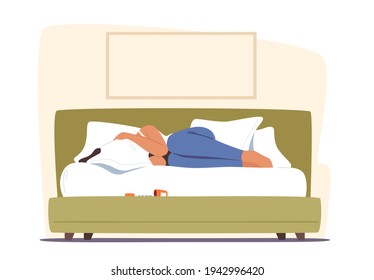 Depressed and Anxious Woman Character in Depression with Headache Feeling Frustrated Crying Sad at Home in Fetal Position Sofa Couch Desperate in Pain and Life Problem. Cartoon Vector Illustration