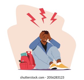 Depressed and Anxious Young Man Suffering of Depression, Stress and Anxiety Problem Feeling Frustrated Sitting on Floor with Flashes above Head. Sad or Desperate Character. Cartoon Vector Illustration