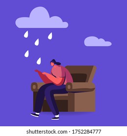 Depressed and Anxious Young Woman Suffering of Depression and Anxiety Problem Feeling Frustrated Sitting with Rainy Cloud above Head. Sad and Desperate Female Character. Cartoon Vector Illustration