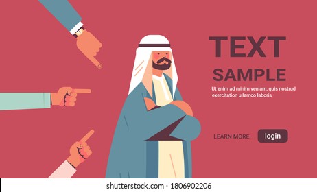 depressed arab man surrounded by hands fingers mocking pointing her bullying inequality racial discrimination concept portrait horizontal copy space vector illustration