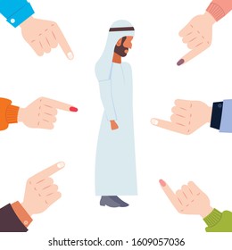 depressed arabian man being bullied surrounded by hands fingers pointing on upset male character in traditional clothes violence victim of bullying mocking public disapproval concept full length