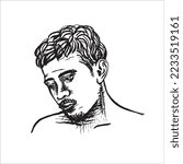 Depressed Asian man looking down retro old line art etching vector