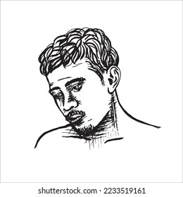 Depressed Asian man looking down retro old line art etching vector
