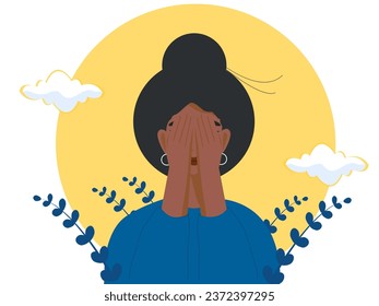 Depressed black woman covers her face with hands, concept of mental disorders, grief and depression, physical and emotional violence against women, vector illustration