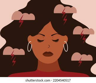 Depressed black woman feels depression, anxiety and emotional stress. Sad African American girl experiences mental health illness. Concept of psychological problems. Vector illustration