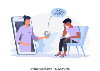 Depressed black woman sitting  on chair. Psychologist doctor consulting patient in therapy session. Online psychotherapy counseling concept. Mental health, depression. Human mental problem solutions.