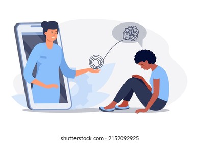 Depressed black woman sitting  on the floor. Psychologist doctor consulting patient in therapy session. Online psychotherapy  concept. Mental health, depression. Human mental problem solutions.