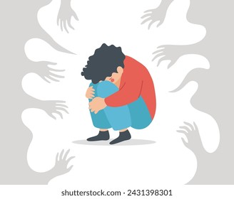 Depressed boy crying, sitting, and covering his face, suffers from bullying. Sad child victim of abuse, is surrounded by hands threatening and harassing him. Stop violence Concept. Vector illustration