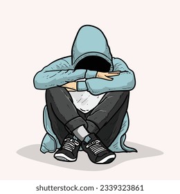 Depressed boy or man or guy sitting on the ground in cream Background vector modern illustration