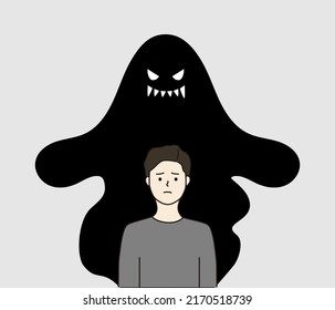 Depressed boy with scary monster shadow behind. Depression, psychological disorder, mental health, anxiety, loneliness concept. Hand Drawn character vector design Illustration.
