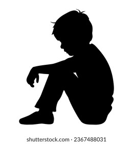 Depressed boy silhouette. Side profile portrait sitting on ground. vector illustration