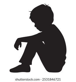 Depressed boy silhouette. Side profile portrait silhouette of a boy sitting on ground thinking or worried. vector illustration. Eps 10