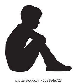 Depressed boy silhouette. Side profile portrait silhouette of a boy sitting on ground thinking or worried. vector illustration. Eps 10