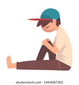 Depressed Boy Sitting on Floor, Unhappy Stressed Teenager, Lonely, Anxious, Abused Boy Vector Illustration