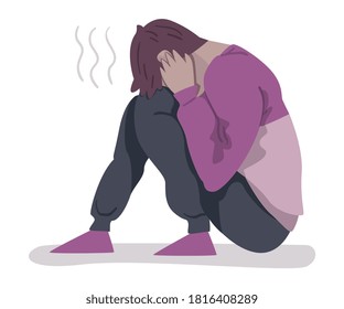 Depressed Boy Sitting on Floor, Mental Health Problems, Psychological Disorder Concept Cartoon Style Vector Illustration