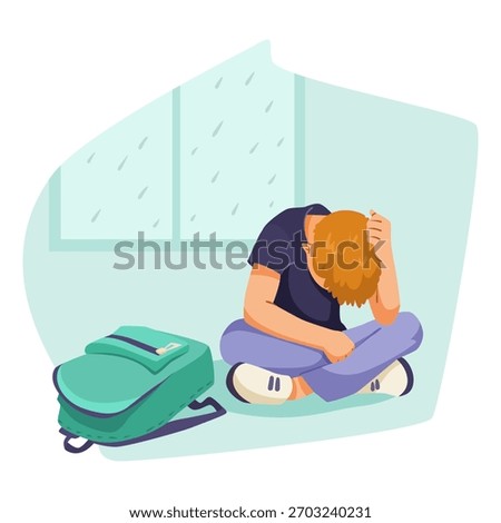 Depressed boy sitting on floor with head down, backpack nearby, flat graphic style, inside building with window view, concept of sadness. Vector illustration