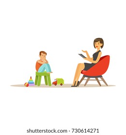 Depressed boy talking to child psychologist about problems, psychotherapy counseling, psychologist having session with patient vector Illustration