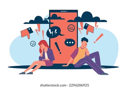 Depressed boyfriend and girlfriend victim of Internet bullying, cyberbullying, online violence. Girl and boy with huge smartphone. Hate in social media. Cartoon flat style vector concept