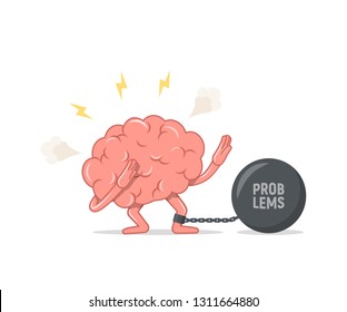Depressed brain chained and shackled a iron prison ball. Concept of stress and problems. Vector illustration in flat style.
