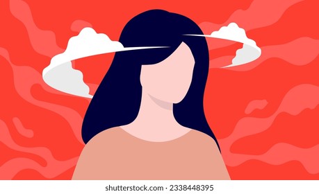 Mujer con neblina cerebral deprimida - Mujer con mente nublada que sufre de problemas de salud mental, depresión y agotamiento. Ilustración vectorial de diseño plano con fondo rojo