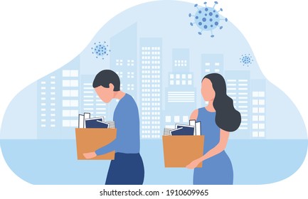 Depressed Business People Holding A Boxes. They Was Fired From Job. Unemployment, Economic Crisis, Economic Downturn, Jobless, Lay Off Concept After Covid-19 Pandemic Outbreak Vector Illustration