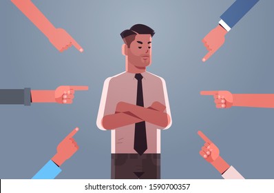 depressed businessman being bullied surrounded by hands fingers mocking him peer violence bullying concept flat portrait horizontal vector illustration