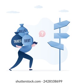 Depressed businessman carries bags of taxes, debts and bills. Financial, debt burden. Male character choose of rights ways. Economic crisis, bad money management. Bankruptcy. Flat vector illustration svg