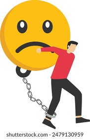 Depressed businessman carries burdened sad face with heavy chain, illustrating weighed down by stress, anxiety, negative emotions. Concept of anger, overwhelm, overworked, mental health or depression
