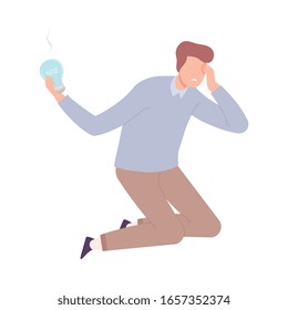 Depressed Businessman Character Having No Idea, Unsuccessful Man Holding Off Light Bulb Flat Vector Illustration