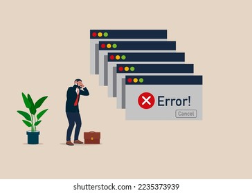 Empresario deprimido. Error en el diseño del logotipo emergente de alerta de ventana de equipo de mensaje. Ventana Navegador simple. Plantilla de página de error. Archivo de error no encontrado en la página web. Ilustración vectorial plana