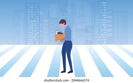 Depressed Businessman Holding A Boxes. They Was Fired From Job. Unemployment, Economic Crisis, Economic Downturn, Jobless, Lay Off Concept After Covid-19 Pandemic Outbreak Vector Illustration