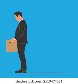 Depressed businessman holding a boxes. They was fired from job. Unemployment, economic crisis, economic downturn, jobless, lay off outbreak vector illustration