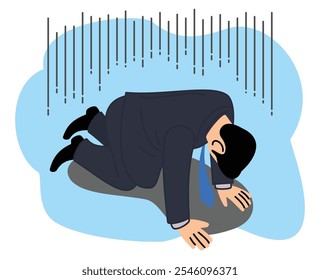 Depressed Businessman Kneeling Down with Illustration of Gloomy and Regretful Feeling