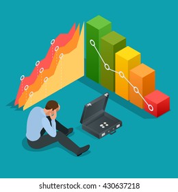 Depressed Businessman Leaning His Head Below A Bad Stock Market Chart. Flat 3d Vector Isometric Illustration.