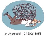 Depressed businessman lies on ground face down under heavy load of tangled lines. Guy in office clothes is tired of fighting because of stress at work and frequent overload