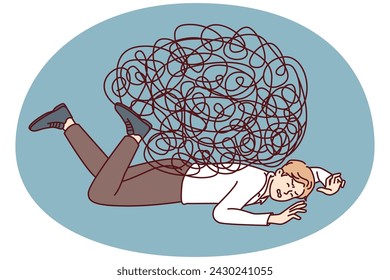 Depressed businessman lies on ground face down under heavy load of tangled lines. Guy in office clothes is tired of fighting because of stress at work and frequent overload