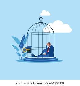 Depressed businessman lock herself sit inside birdcage. Anxiety or depression, solitude, fear to get outside. Flat vector illustration