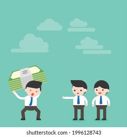 Depressed Businessman or manager lift big hard bundle money over back, burden concept Free Vector
