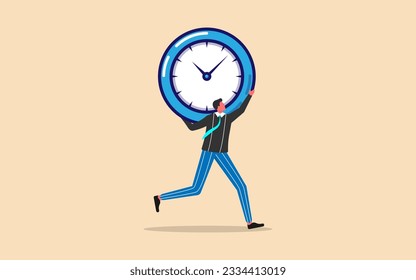 Depressed businessman running carrying a heavy big clock burden, flat vector illustration