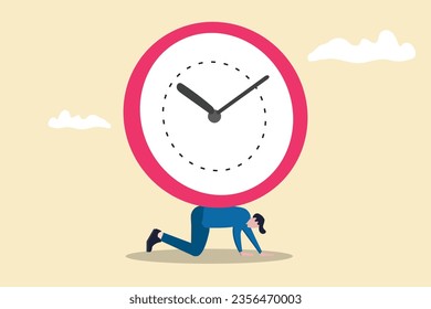 Depressed businessman salary man carry heavy big clock burden. concept of Time management failure, freedom to spend time, overworked or office worker routine work overtime