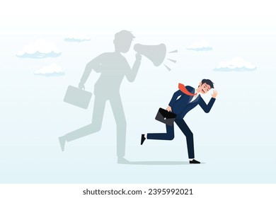 Depressed businessman self shadow blame with megaphone, self criticism, negative critic thinking to blame yourself, guilt or depression to rant or inner anxiety, anger or stress psychology (Vector)