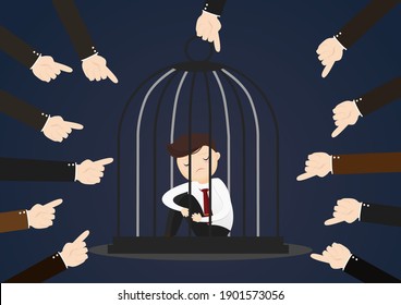 Depressed businessman sitting on the floo in a cage. Problems in social networks. Vector illustration.