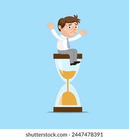 Depressed Businessman Sitting On Sand Clock. Sand Clock Sand Timer Time Passing concept. Flat, Poster, Vector, Illustration, Cartoon, EPS10. 