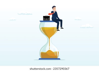 Depressed businessman sitting on time passing sand glass or hourglass, wasting time waiting and never start new business, time fly or ineffective thinking or laziness (Vector)