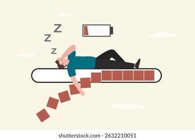 Depressed businessman sleeping on loading bar. Empty battery. Wasting time in vain. Lost opportunities, lost profit. Bad time management. Tired employee, fatigue, burnout. flat vector illustration