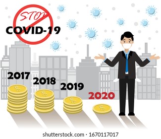 Depressed businessman standing no money with pockets out, gold coins graph appeared to falling down in 2020. How Coronavirus (COVID-19) disease outbreak impact to global business and economic crisis. 