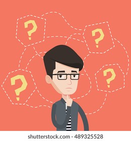 Depressed businessman standing under question marks. Young caucasian businessman thinking. Thoughtful businessman surrounded by many question marks. Vector flat design illustration. Square layout.